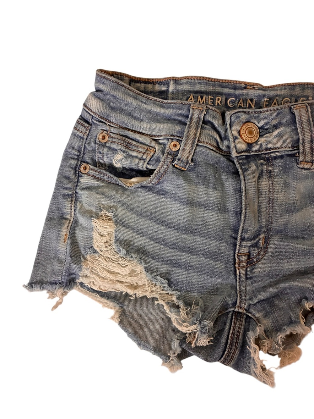 American Eagle | Distressed lightwash crochet detail denim shorts size 0 - Picture 3 of 11